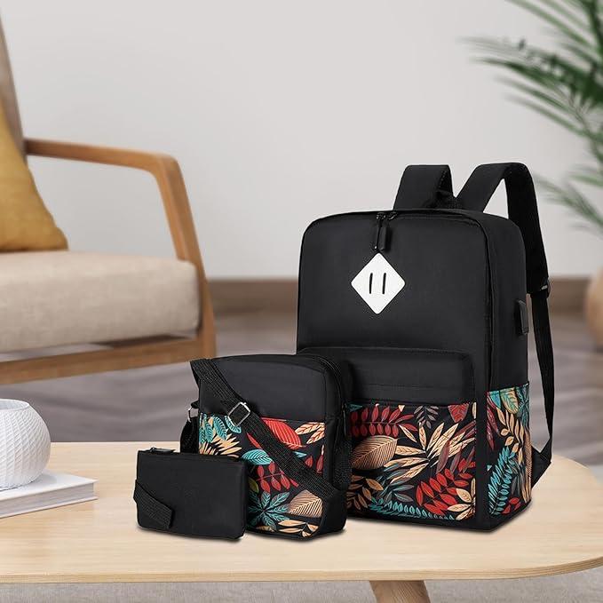 Actual product image Only-Bags.Store Classic leaves pattern backpack set, large capacity storage backpack with square