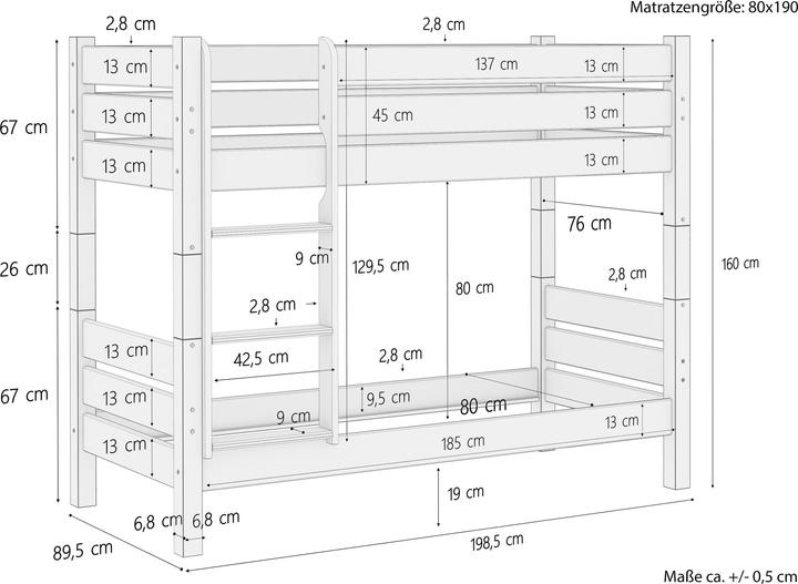 Nährwerte und Zutaten Erst-Holz Stockbett Kiefer massiv 80x190 Etagenbett natur teilbar Lattenrost Matratzen 60.16-08-190T80M (80 x 190 cm)