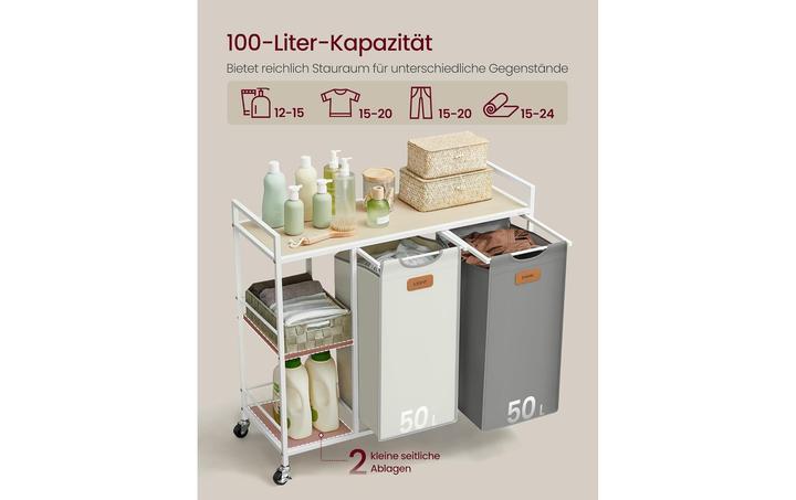 Image du produit Vasagle Wäschekorb mit 2 Fächern 100 l, Beige/Grau/Weiss (100 l)