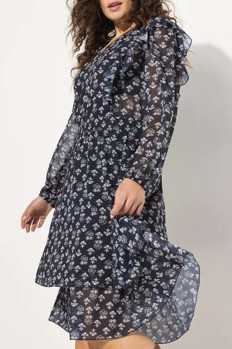 Produktbild Ulla Popken Kleid, doppellagig, V-Ausschnitt, Rüsche, Langarm (62)
