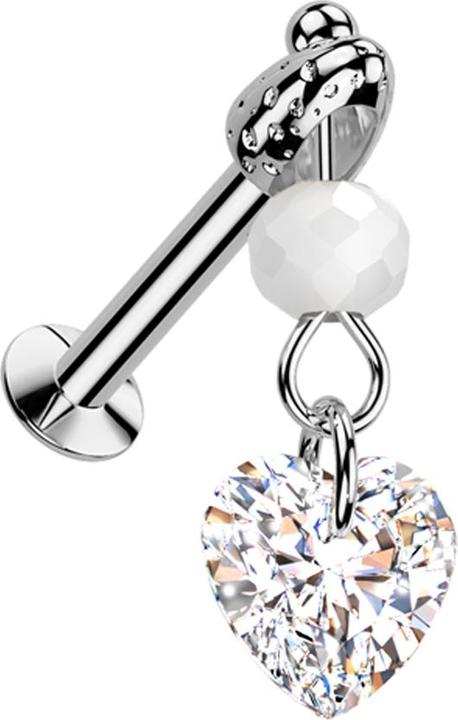 Actual product image Star Piercing Micro Threadless UFO Labret silber mit Cone silber Anhänger Glaskugel Herzkristall silber (Brass, Surgical steel 316L)