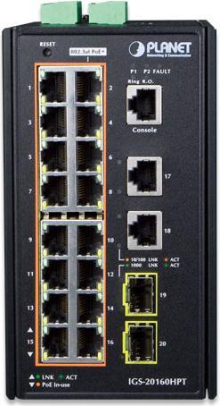 Image du produit Planet Commutateur PoE industriel 16 ports 10/100/1000T 2 ports Gigabit Uplink + 2 ports Gigabit SFP (16 ports)