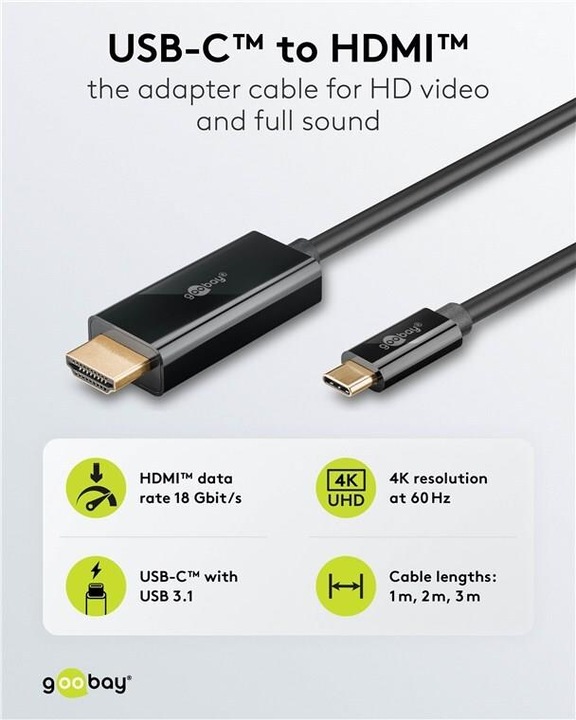 Produktbild Goobay USB-C-auf-HDMI-Kabel 4K @ 60 Hz, 1 m, schwarz (1 m, HDMI)