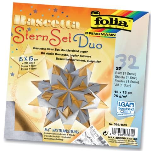 Folia, Bastelpapier, Faltbl„tter Bascetta-Stern, 150 x 150 mm, silber/gold (15 x)