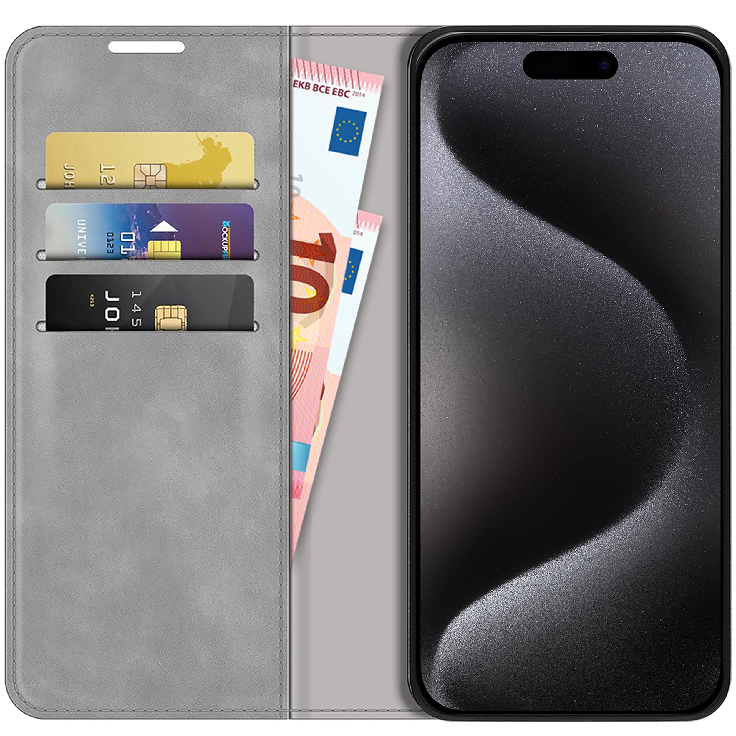 Thumbnail - Cazy Book Case Kompatibel mit iPhone 15 Pro - Hülle klappbar Magnetisch Kunstleder - Grau (Apple iPhone 15 Pro), Smartph...