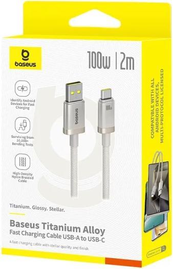 Actual product image Baseus USB-A to USB-C Cable Titanium, 100W, 5A, 2m, Silver (2 m, 100 W)