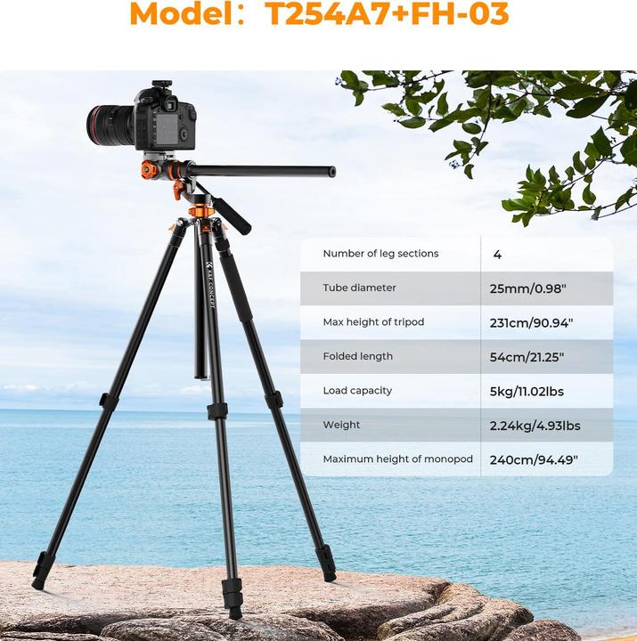 Produktbild K&F Concept T254A7+FH-03 Magnesium Aluminum Alloy Tripod (Metall)