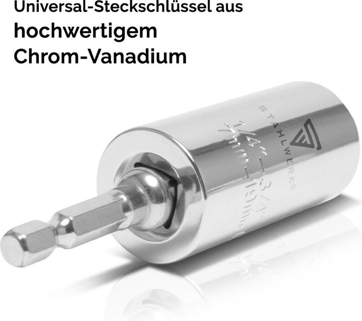 Produktbild Stahlwerk 3 x Universal-Steckschlüssel 7-19 mm Multifunktionsnuss für 3/8" (19 mm, 12 mm, 14 mm, 16 mm, 10  mm, 18 mm, 7 mm, 17 mm, 11 mm, 15 mm, 8 mm, 9 mm, 13 mm)