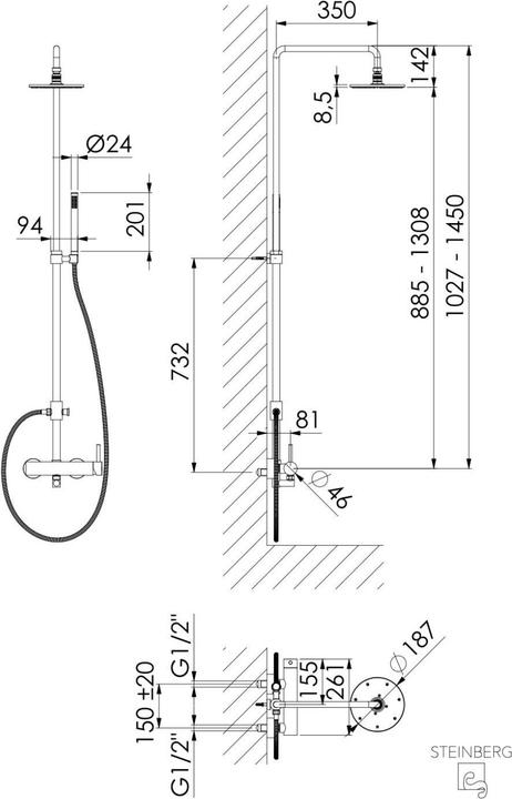 Productafbeelding Steinberg douchesysteem serie 100, staafhanddouche, regendouche rond, 1002760