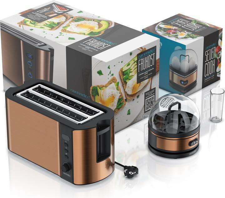 Actual product image Arendo Breakfast set, 4-slice long slot toaster with bread roll top & egg boiler for 7 eggs, copper