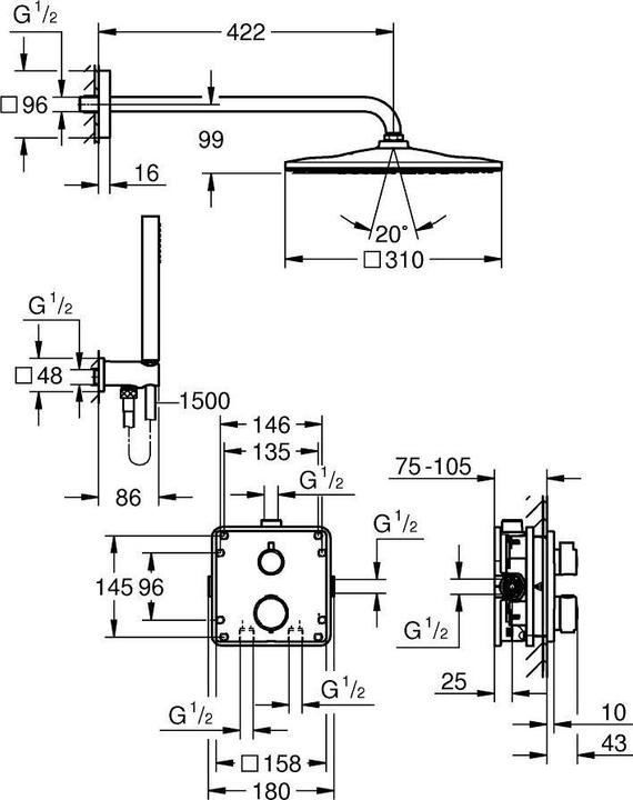Produktbild Grohe Precision Thermostat Unterputz Duschsystem mit Vitalio Rain Mono 310 Cube (1 Strahlart) und Vitalio