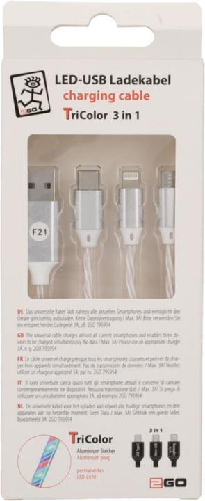 Produktbild 2GO 797316 USB Kabel USB B USB C/Micro-USB B/Lightning Mehrfarbig (1.50 m, USB 2.0)