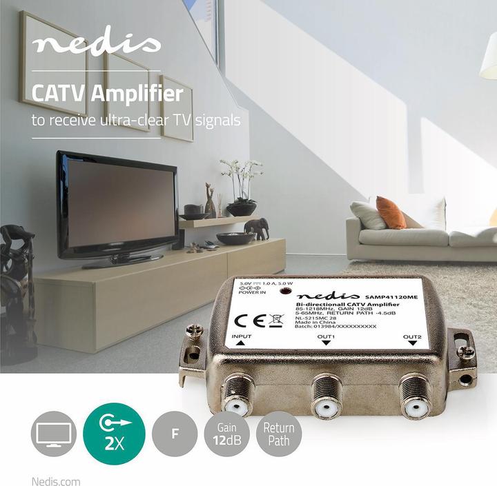 Produktbild Nedis SAMP41120ME CATV-Verstärker Verstärkung: 12 dB 85-1218 MHz Anzahl der Ausgänge: 2 Rückweg Silb (Stromversorgung)