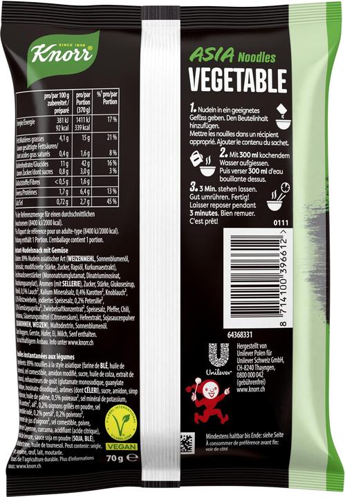 Image du produit Knorr Asia Noodles Vegetable Sachet, Nouilles asiatiques aux légumes, prêtes en 3 minutes (70 g)