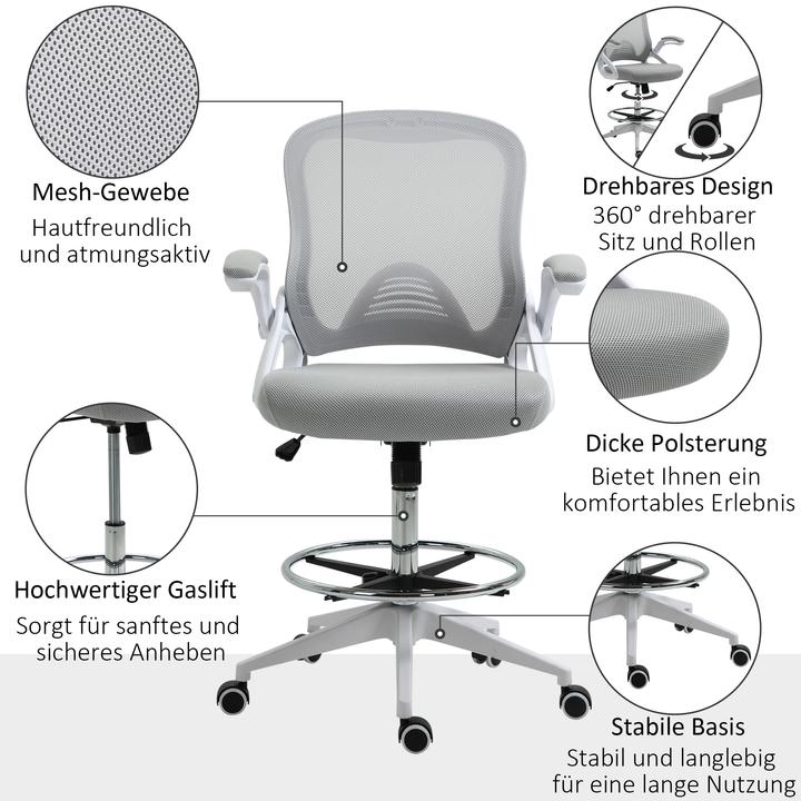 Produktbild Vinsetto Bürostuhl Polyester, Kunststoff Hellgrau (58 - 78 cm)