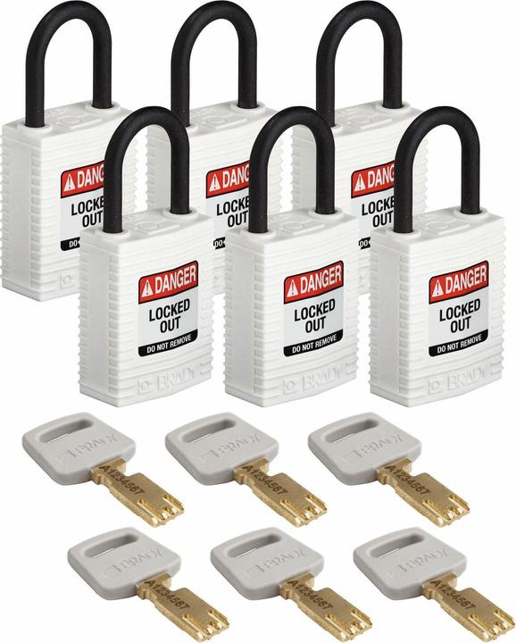 Productafbeelding Brady Safekey compact nylon veiligheidsslot met nylon beugel, wit, 25 mm beugelhoogte, 4,3 mm beugel