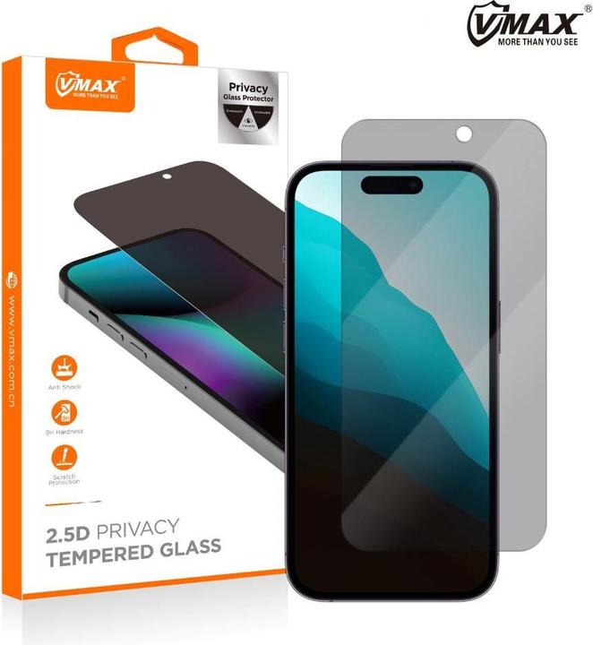 Actual product image Vmax tempered glass 0.33mm 2,5D high clear privacy glass for iPhone 16 Plus / 15 Plus 6,7" (1 pcs., Apple iPhone 15 Plus, Apple iPhone 16 Plus)