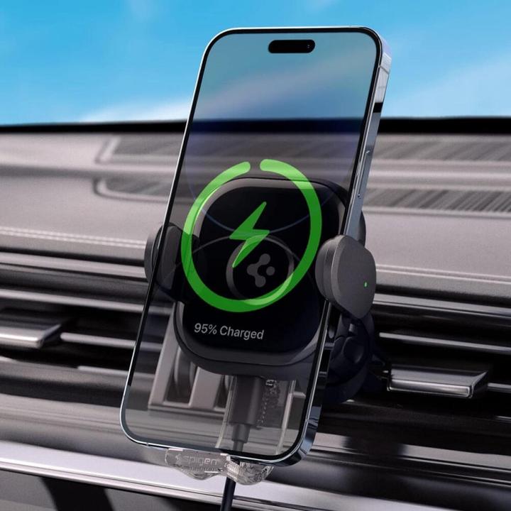Actual product image Spigen car mount with charger UTS12W Onetap Universal Vent Car Mount Wireless Charger black