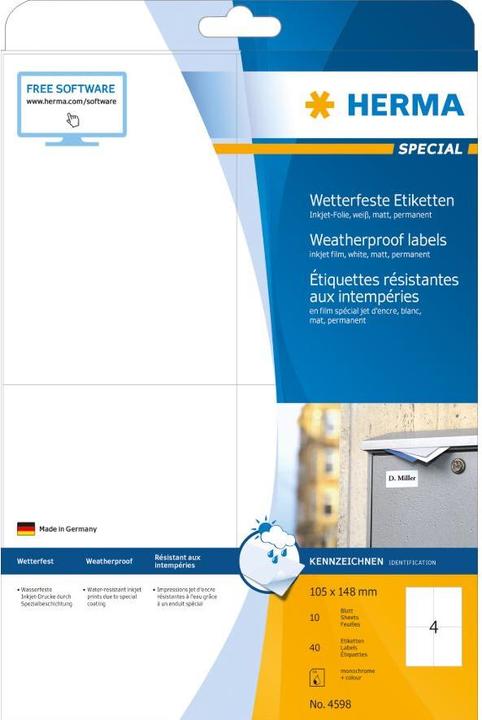 Produktbild HERMA Wetterfeste Inkjet Versandetiketten A4