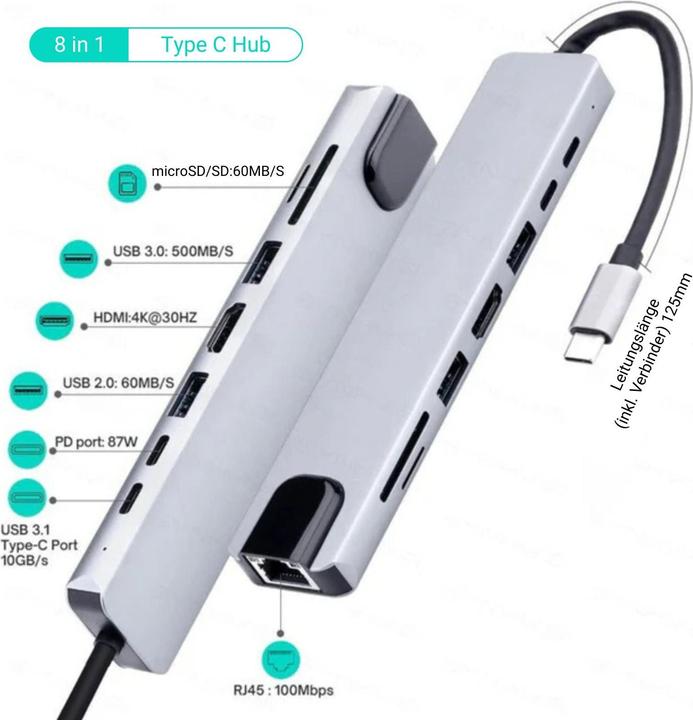 Actual product image Hermex Dockingstation Multi USB-Hub USB-C 8in1 USB-A 3.0/2.0 HDMI microSD/SD RJ45 (USB-C, 8 Ports)