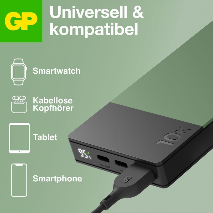 Produktbild GP Batteries GP PowerBank M2+ 10C 10000mAh 2xUSB-C/1xUSB-A grün LED-Anzeige (10000 mAh, 22.50 W, 37 Wh)