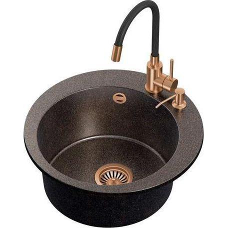 Steiner, Waschbecken, ART JAMES 210 (Ø51x20) Steingran Art Copper Black Pearl with hand-held siphon, Maggie PVD tap and ...