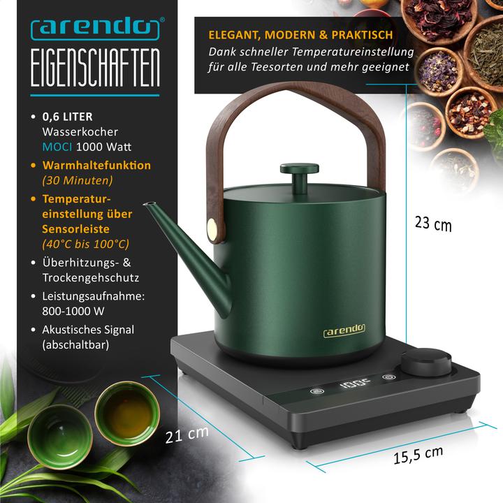 Produktbild Arendo Wasserkocher 0,6 l, Temperatureinstellung 40°-100°C, 1000 W, BPA-frei, Warmhaltefunktion, Teekocher (0.60 l)