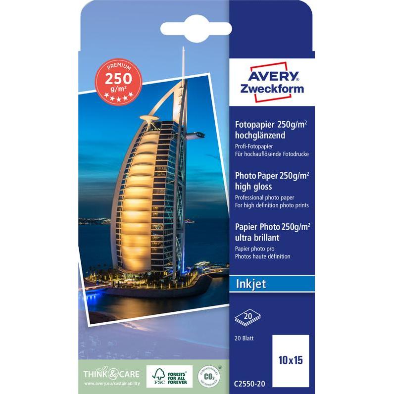 Avery Premium Inkjet Fotopapier (250 g/m², 10 x 15 cm, 20 x), Fotopapier, Weiss