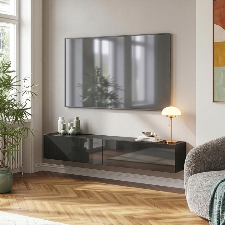 Produktbild En.Casa Hängeboard Evaton 180x32x30 cm Schwarz, hochglanz (180 x 31.50 x 30 cm)