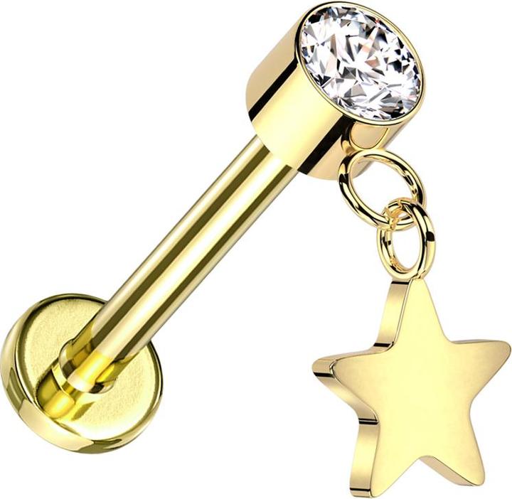 Image du produit Star Piercing Micro Threadless Labret plaqué or Cylindre plaqué or Cristal argent Pendentif étoile plaqué or (sans laiton, Titane)