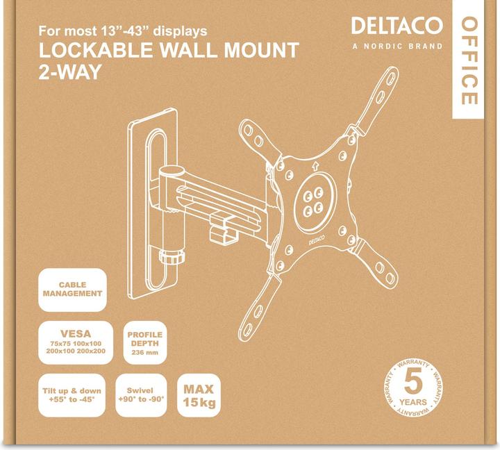 Produktbild Deltaco ARM-0266 monitor mount / stand (43") Screws Silver (Wand, 43", 15 kg)