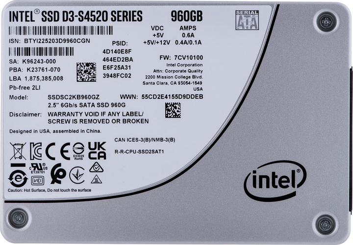 Actual product image Intel SSD D3 S4520 SERIES 960GB 2.5" SATA 6GB/S 3D4 TLC SINGLEPACK (960 GB, 2.5")