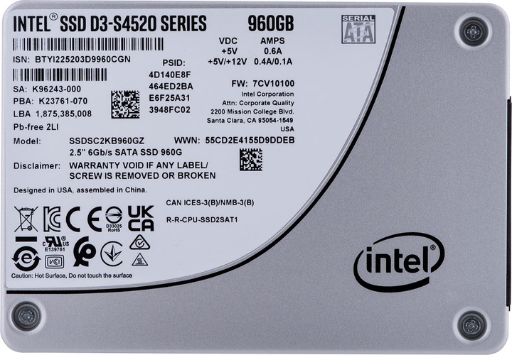Produktbild Intel SSD D3 S4520 SERIES 960GB 2.5" SATA 6GB/S 3D4 TLC SINGLEPACK (960 GB, 2.5")