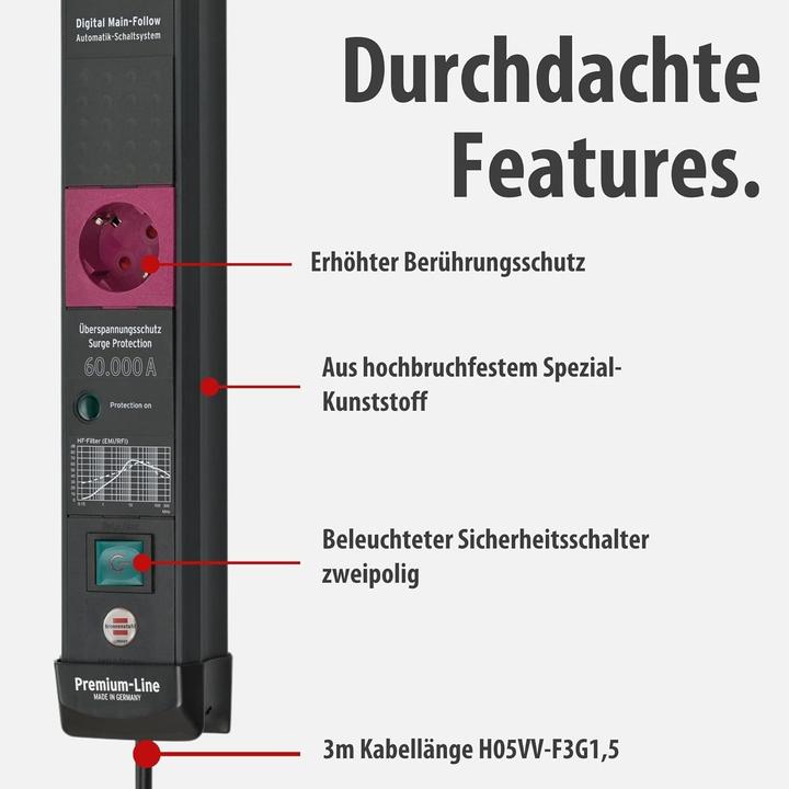 Produktbild Brennenstuhl Premium-Line 5-fach Steckdosenleiste mit Überspannungsschutz 61,0 cm schwarz (5x, CEE 7/3, 3 m)