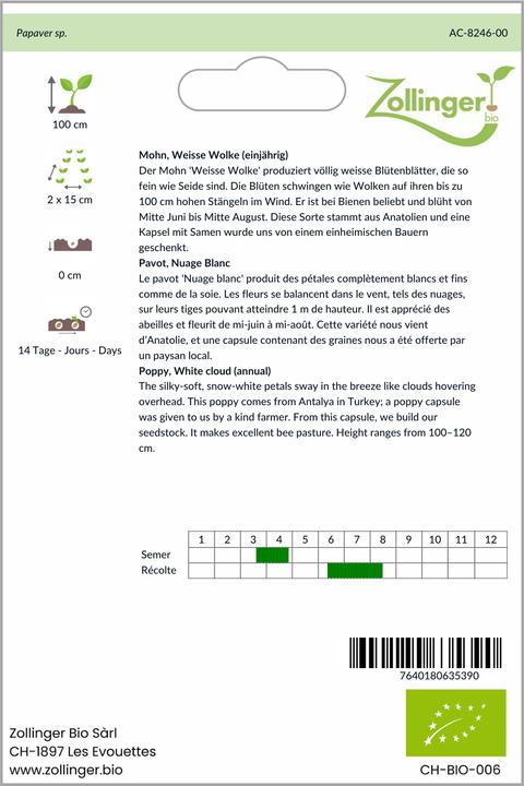 Produktbild Zollinger Bio Mohn, Weisse Wolke (einjährig)
