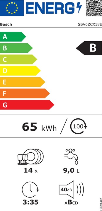 Energie-Label Bosch Hausgeräte Bosch Serie 6, Vollintegrierter Geschirrspüler, 60 cm, XXL, SBV6ZCX18E