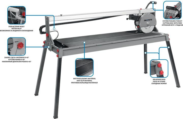 Graphite 1500 W Glasurschneidemaschine, 250 x 25, 1230 x 460 Tischgrösse, 1200 mm Flüssigkeitsintervall