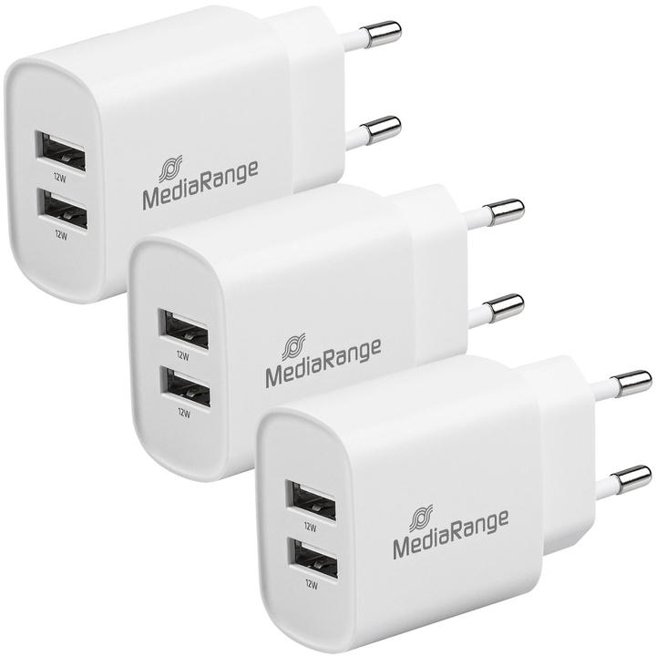 MediaRange 3er-Set USB-Netzteil mit 2 USB-A AnschlÃ¼ssen, 12W, weiss (12 W, 2 Ports)