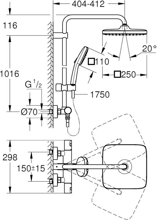 Actual product image Grohe Vitalio Comfort 250 Duschsystem mit Thermostatbatterie, eckig, variable Bohrlöcher, wassersparend, m