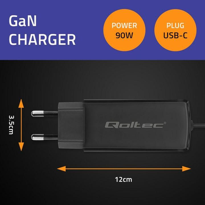 Produktbild Qoltec 52420 90-W-GaN-Superschnellladegerät | 5–20 V | 3–4 5 A | USB-C 3.1 (90 W)