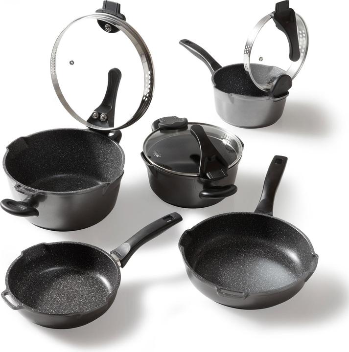 Produktbild Stoneline Future Topfset 8 teilig mit Sieb Deckeln, beschichtete Töpfe, Pfannen Induktion geeignet (Bräter + Schmortopf, Bratpfanne, Kochtopf, Stielkasserolle, Aluminiumguss, 24 x 11.50 cm)
