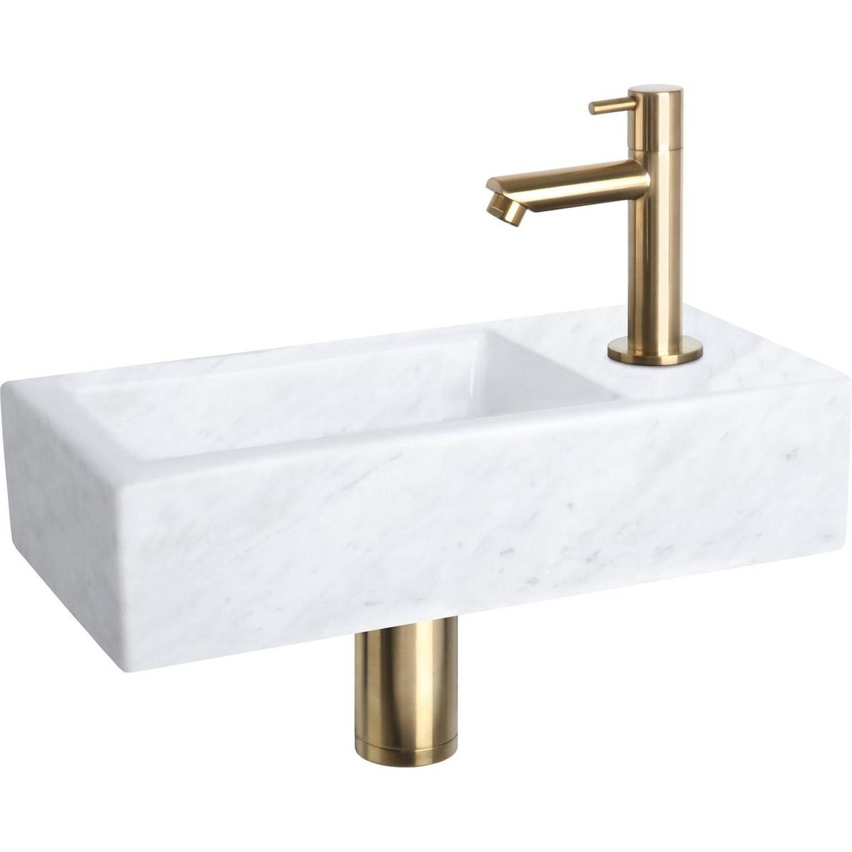 Differnz, Lavandino, Helios Fonteinset - Wasbak Marmer - Wit - Rechte Kraan - Mat Goud - Standaard Greep - 37,5 x 18,5 x (185 mm, 375 mm)