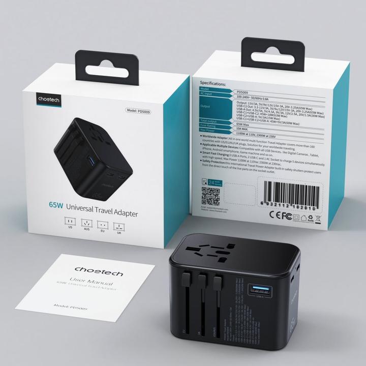 Actual product image Choetech gaN 2 x USB Type C / USB 65W Power Delivery Fast Charger Black (PD5009-BK) (65 W, 3 ports)