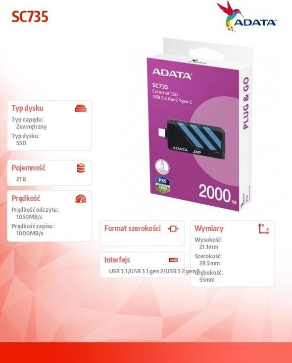 Immagine prodotto Adata SSD 2.0TB External SC735 U3.2 Gen2 Black/Blue (2 TB)
