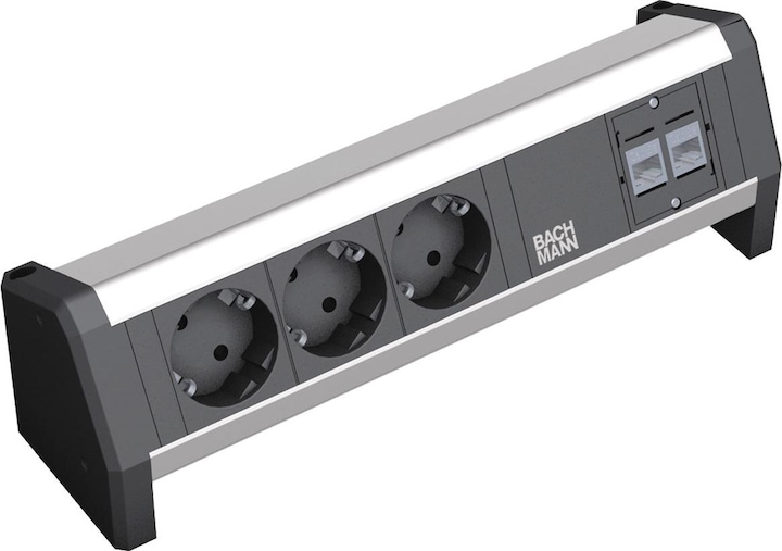 Produktbild Bachmann Tisch-Steckdosenleiste 3 Schutzkontaktsteckdosen schwarz. 2 CAT5e RJ45 Buchse/BuchseStromeingang: GS (3 x, CEE 7/4)