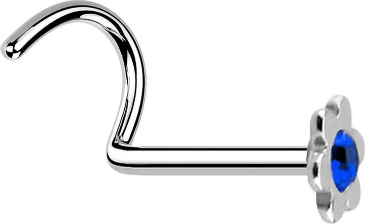 Produktbild Star Piercing Nasenstecker gebogen silber mit Blume und Kristall dunkelblau (ohne Messing, Chirurgenstahl 316L)