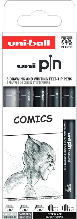 Produktbild Uni-ball Fineliner PIN ""Comics"" PF, 5er Set wasserbeständige, pigmentierte Tinte, metalleingefasste (Hellgrau, Dunkelgrau, Grau, Schwarz, 5 x)