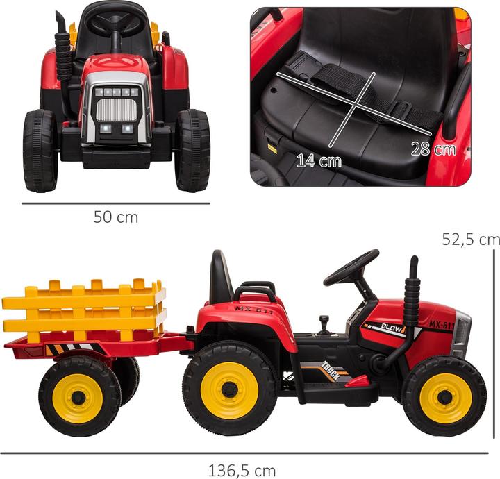 Image du produit Swisshandel24 Tracteur électrique pour enfants avec remorque, télécommande, MP3, phares, 3-6KM/H, rouge