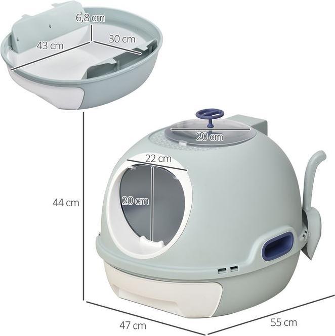 Produktbild Swisshandel24 Katzenklo Katzentoilette mit Dachfenster Bodenschale Schaufel, Tragbar, PP ABS, See-Blau, 47 x 55 x (Katzenklo geschlossen)