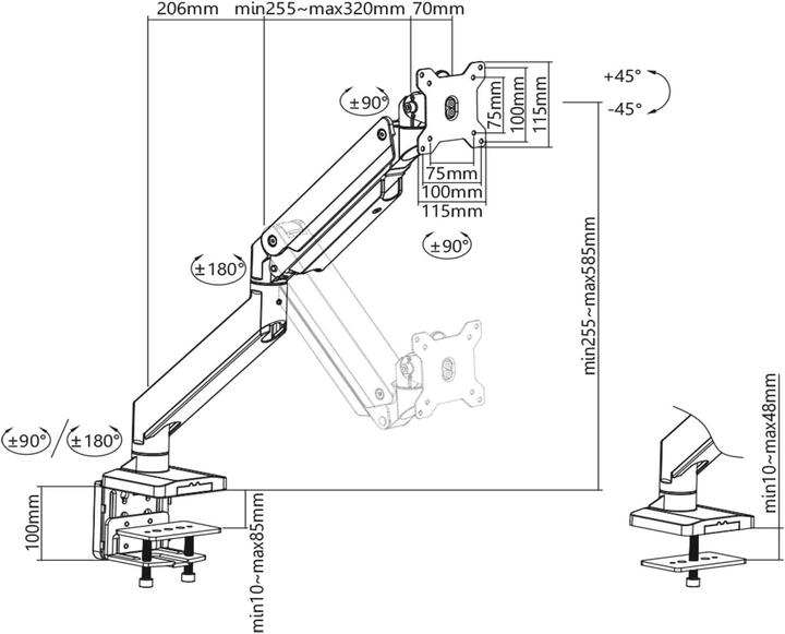 Actual product image Digitus Universal Single Monitor Mount with Gas Spring and Clamp Mount (Table, 35", 15 kg)